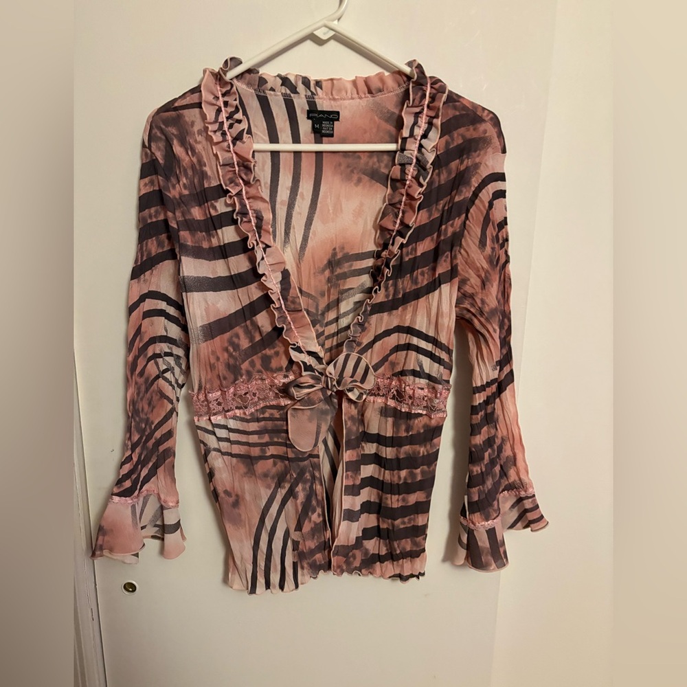 Piano Pink Patterned Ruffle Tie-Front Blouse